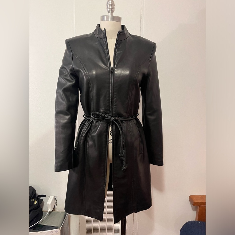 Danier Black Leather Long Belted Coat
